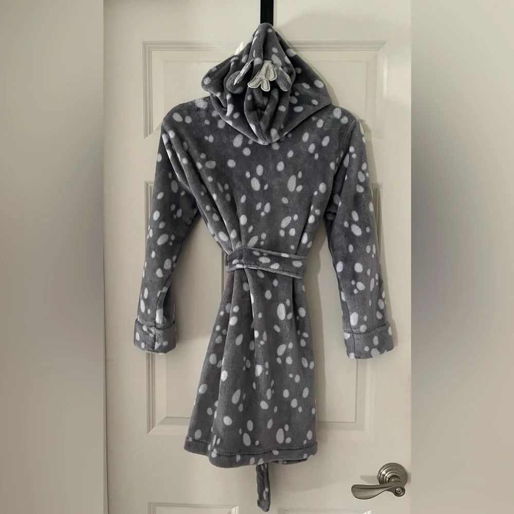 - Girl’s Justice deer themed soft robe, size 12-14 gray w/white polka dots